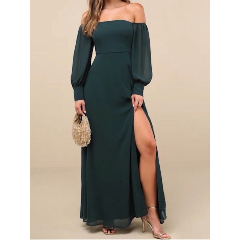 Lulus Green Off-the-Shoulder Balloon Sleeve Maxi Dress Formal Wedding Guest XS